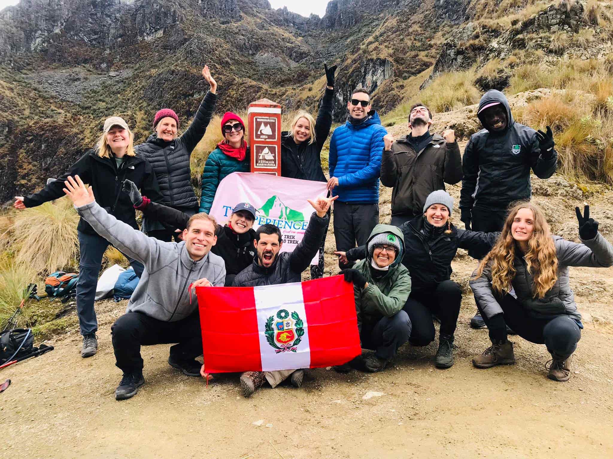 Travelers at Dead women's Pass Inca Trail to Machu Picchu