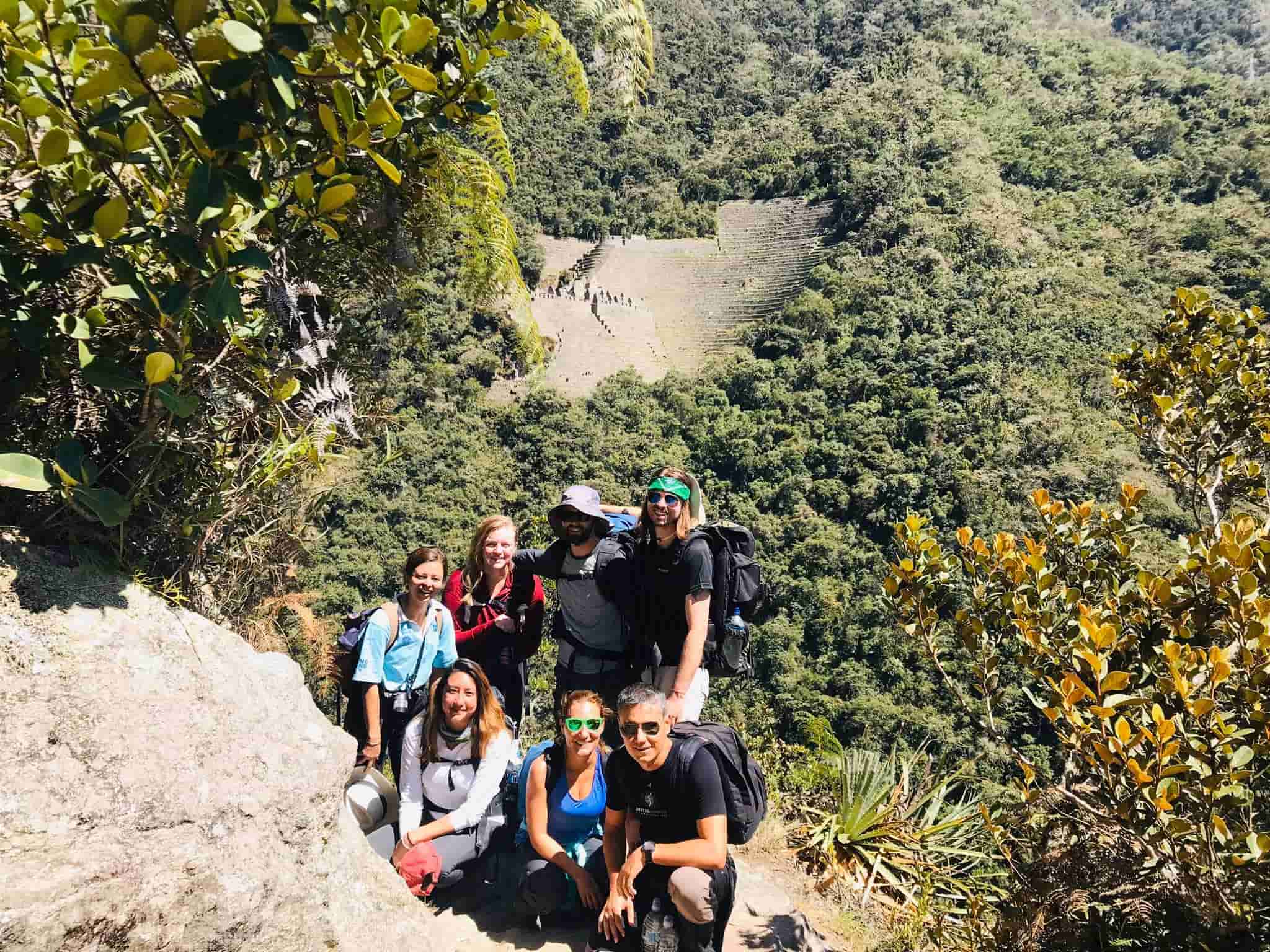 Visitors stopping for picture - Short Inca trail to Machu Picchu