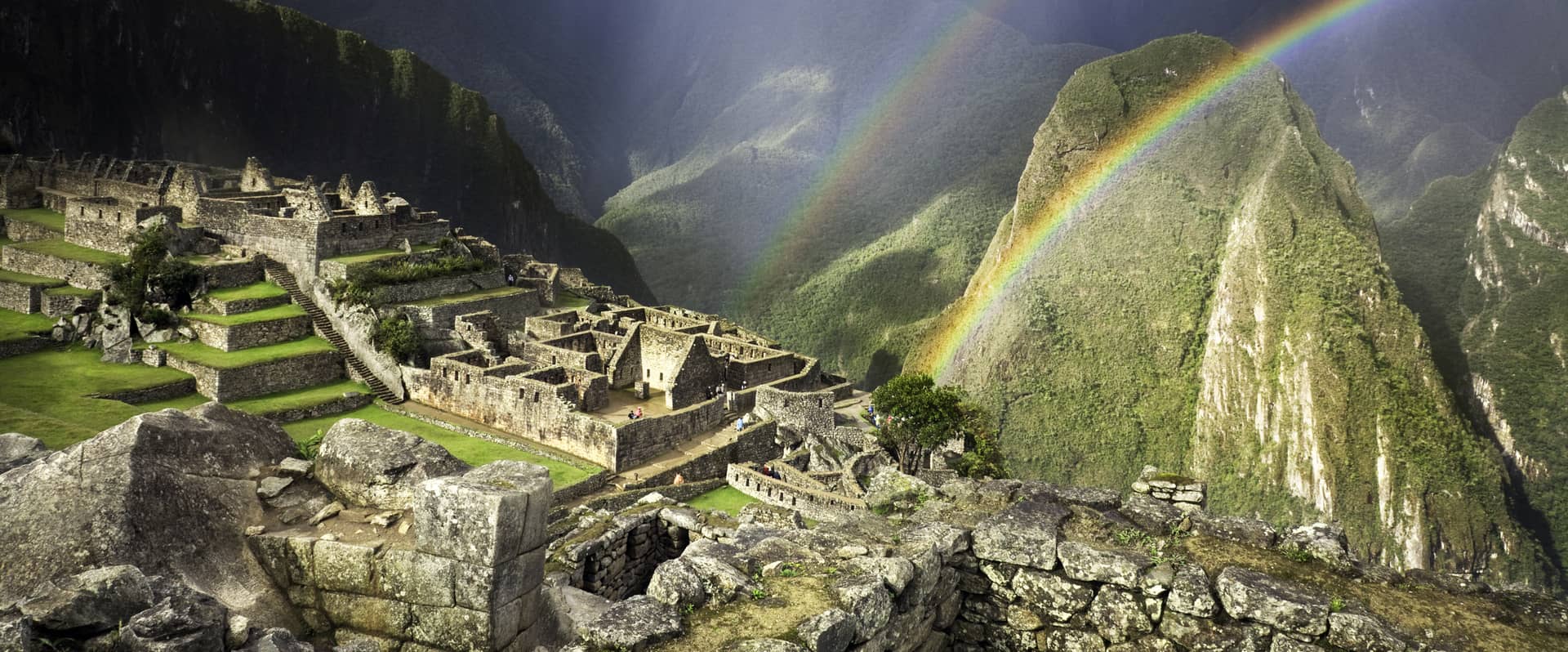 Rainbow at Machu Picchu on a 2 day tour by train from Cusco