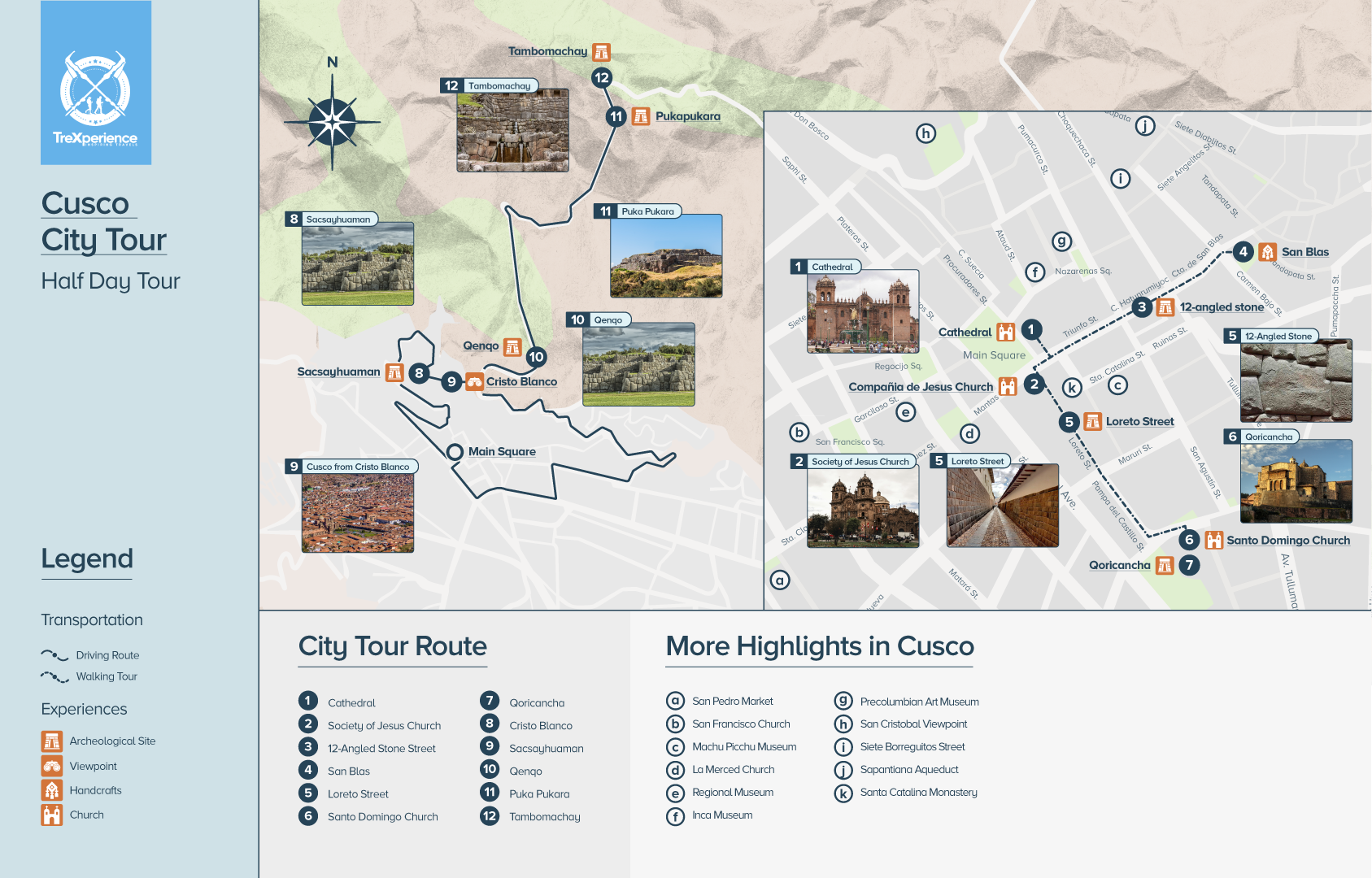 Cusco City Tour Half-Day Map Map of the Cusco City Tour half-day route including Qorikancha, Sacsayhuaman, Qenqo, Puka Pukara and Tambomachay