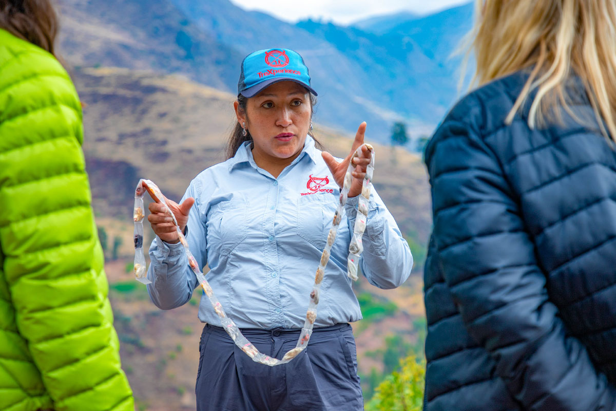 Guiado en Pisac junto a una guia mujer Guia mujer junto a viajeros en el Valle Sagrado| TreXperience