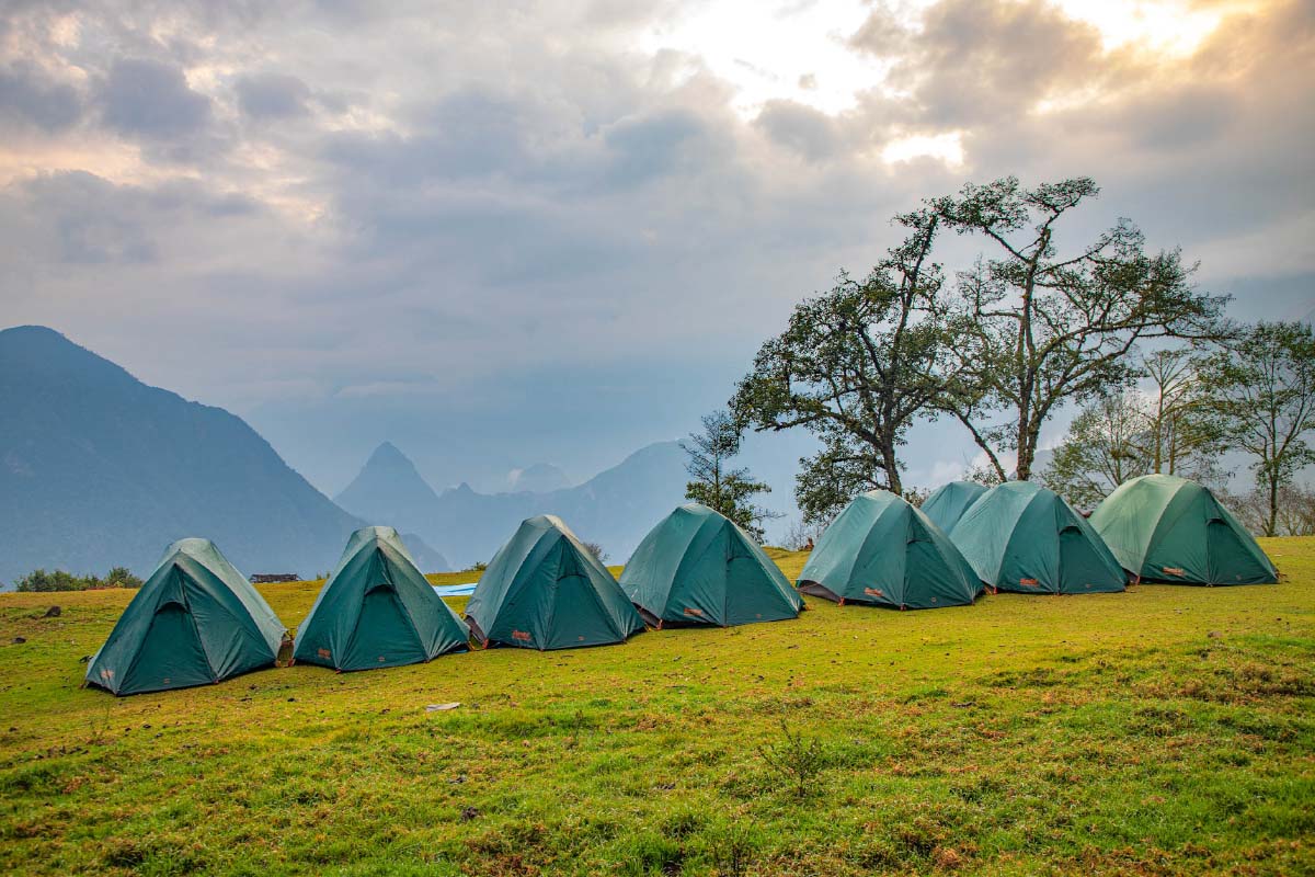 Llactapata camp in front of Machu Picchu Tents set up on a green area in front of a snow-covered mountain in a high mountain landscape | TreXperience