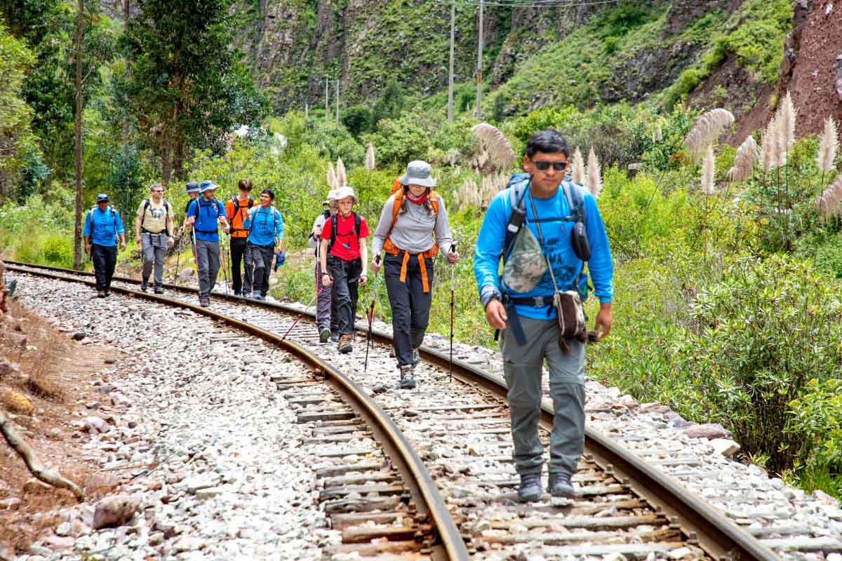 Guide and hikers walking alongside the train tracks Group of hikers walking alongside the train tracks amidst vegetation and rocky slopes | TreXperience