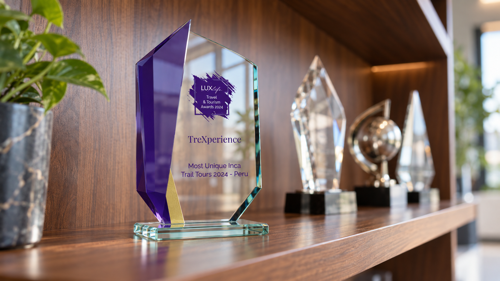 Premio LuxLife 2024 junto a otros premios en la estanteria de TreXperience Premio LuxLife 2024 junto a otros premios en la estanteria de TreXperience