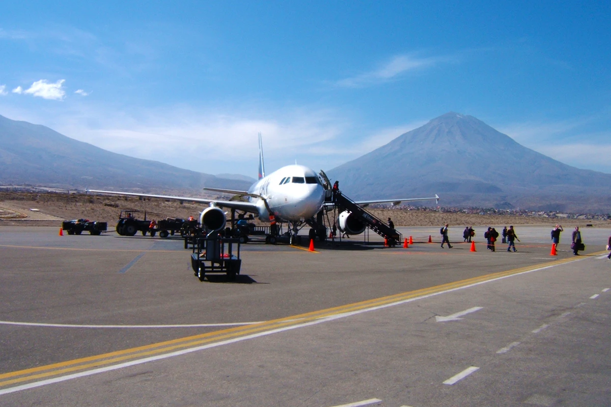 At Arequipa airport, the volcanoes frame the horizon.