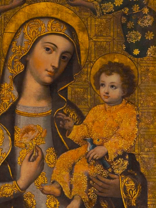 The Ancient Virgin painting inside Cusco Cathedral, a revered example of colonial religious art.