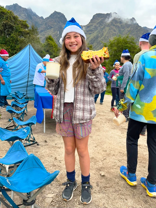 Hikers enjoying a Christmas breakfast along the Inca Trail in the Andes.