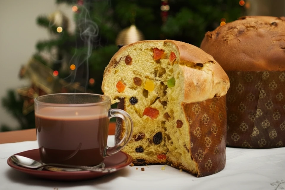 Steaming cup of hot chocolate with Peruvian panetón.