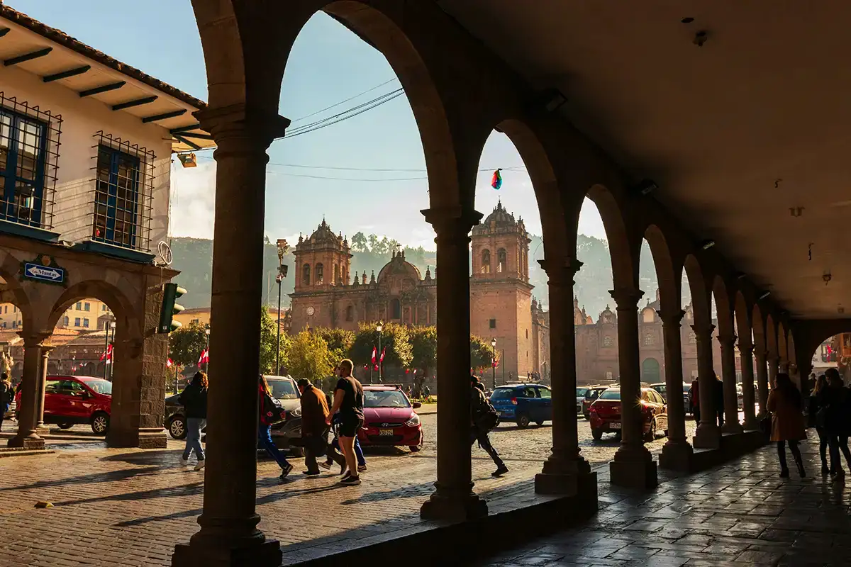 View of Cusco Cathedral from La Compañia portal