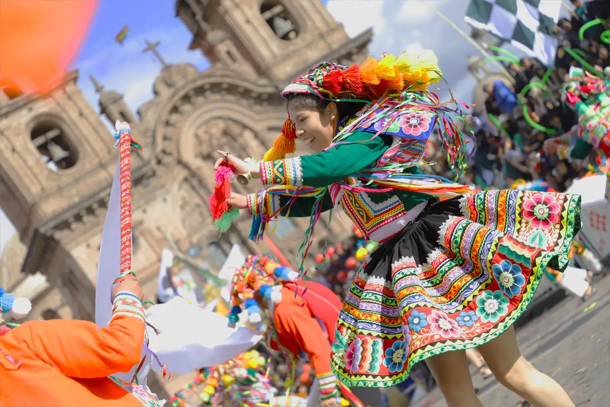 Folkloric dances performed in Cusco’s Main Square. Photo of Folkloric dances performed in Cusco’s Main Square.