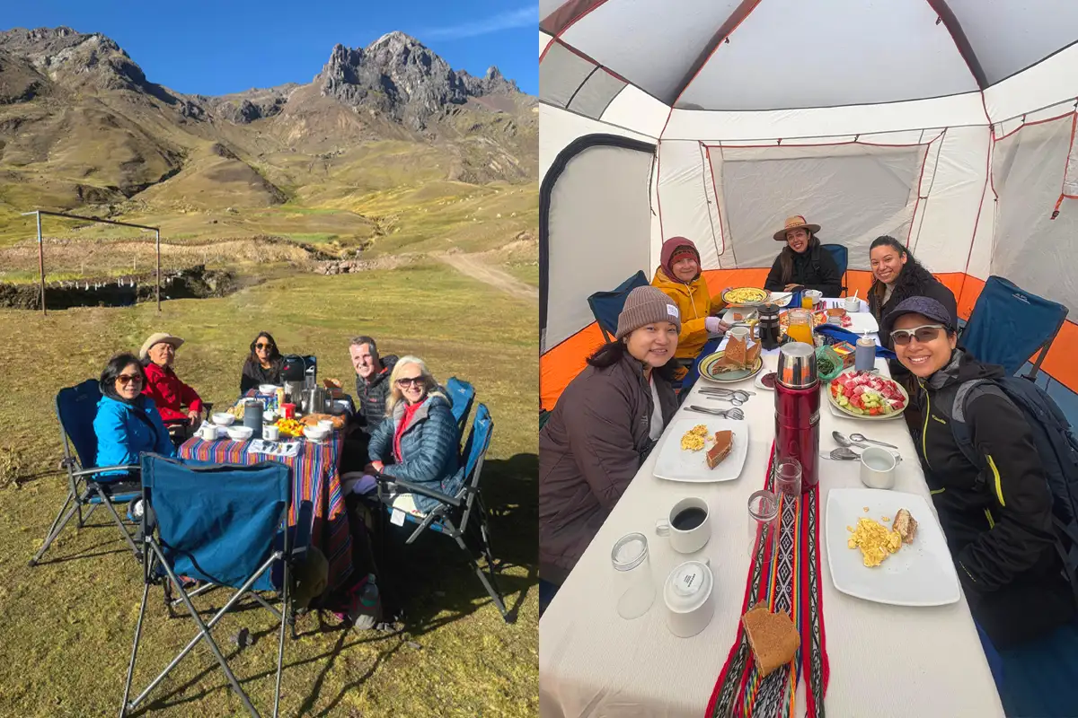 Breakfast time, picnic meals at Rainbow Mountain Travelers enjoying breakfast, picnic meals surrounded by mountain scenery during their Rainbow Mountain tour.