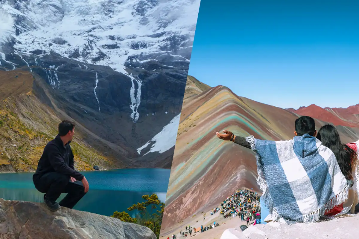 Humantay Lake vs Rainbow Mountain Itinerary Split image showing a tourist at Humantay Lake on the left and another at Rainbow Mountain on the right.