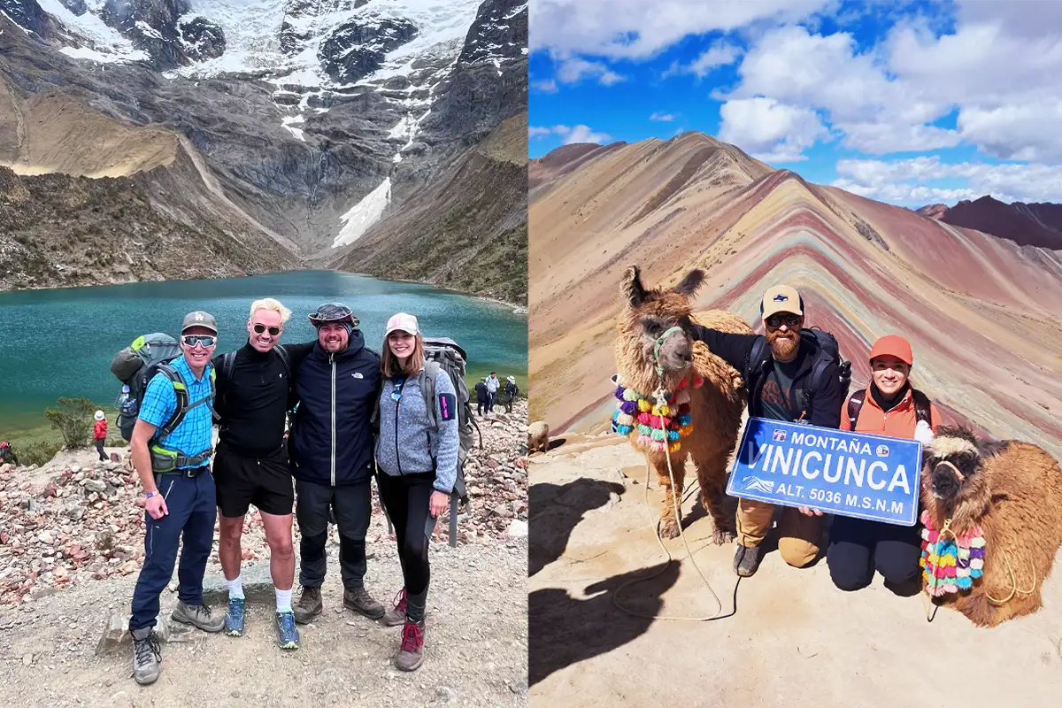 Contrast Photo between Cusco’s Natural Wonders - Humantay Lake vs Rainbow Mountain Hikers at Humantay Lake with turquoise water; distant Andean peaks under clear skies.