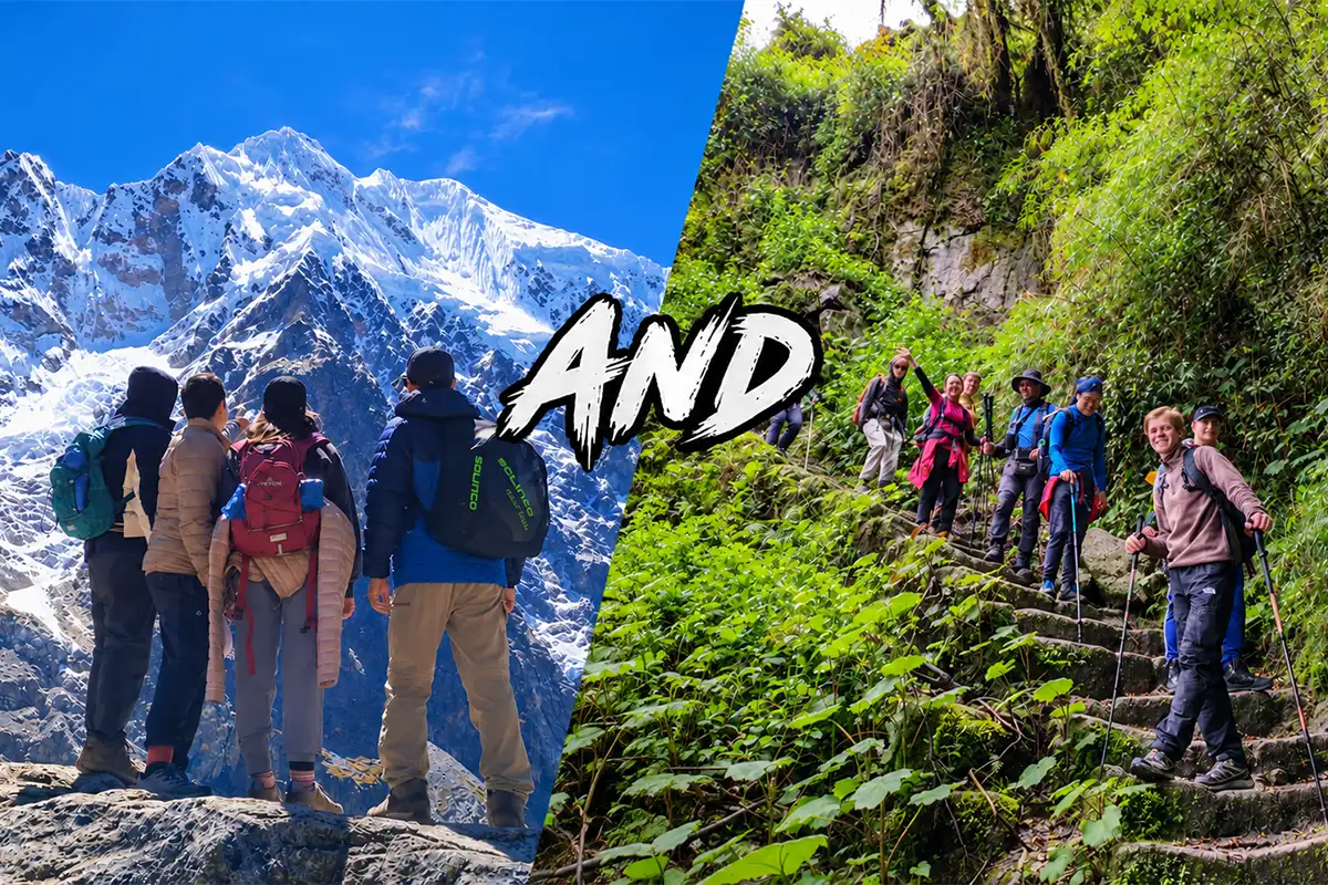 The Salkantay trek and Inca Trail can be done along a single route Group of visitors enjoying Salkantay view and the Inca Trail trek