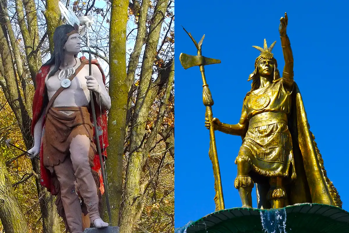 Cusco fountain with Kisco Chief and Pachacutec statues. Cusco Main Square fountain featuring statues of the Kisco Chief and Inca Pachacutec in symbolic contrast.