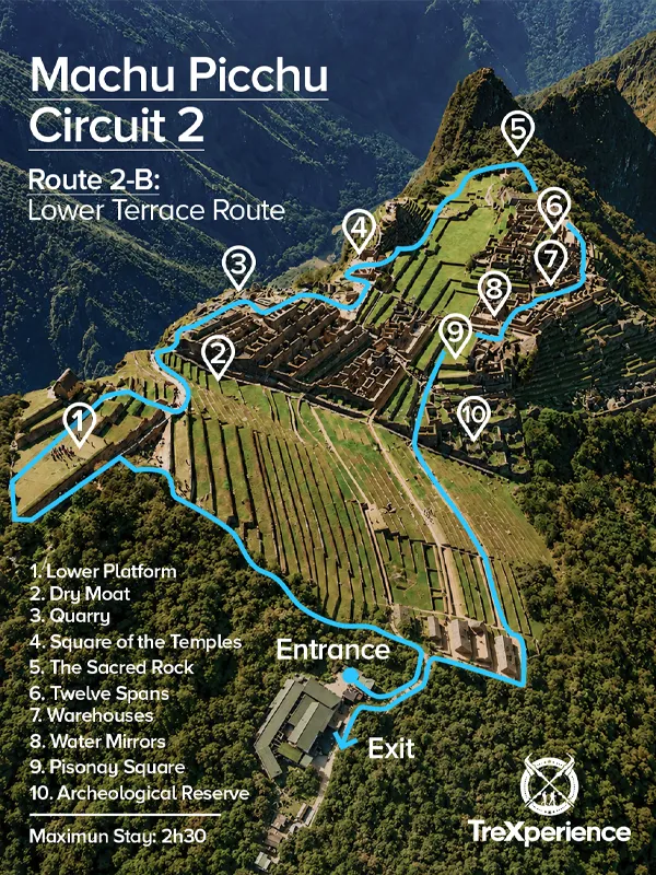 Ticket map for Route 2-B: Lower Terrace Machu Picchu Circuit Map 2-B | TreXperience