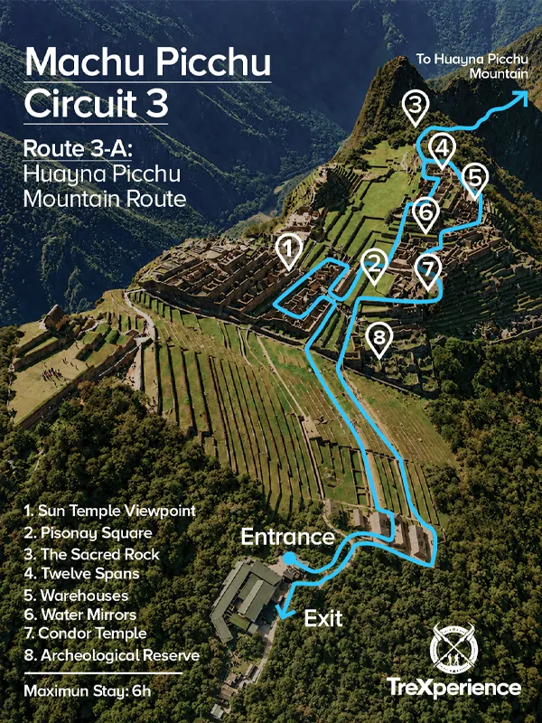 Ticket map for Route 3-A: Waynapicchu Mountain Machu Picchu Circuit Map 3-A | TreXperience