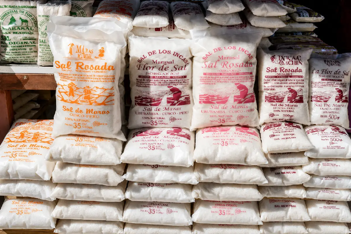 Stacked bags of Maras pink salt for sale | TreXperience Stacked bags of Maras pink salt for sale | TreXperience