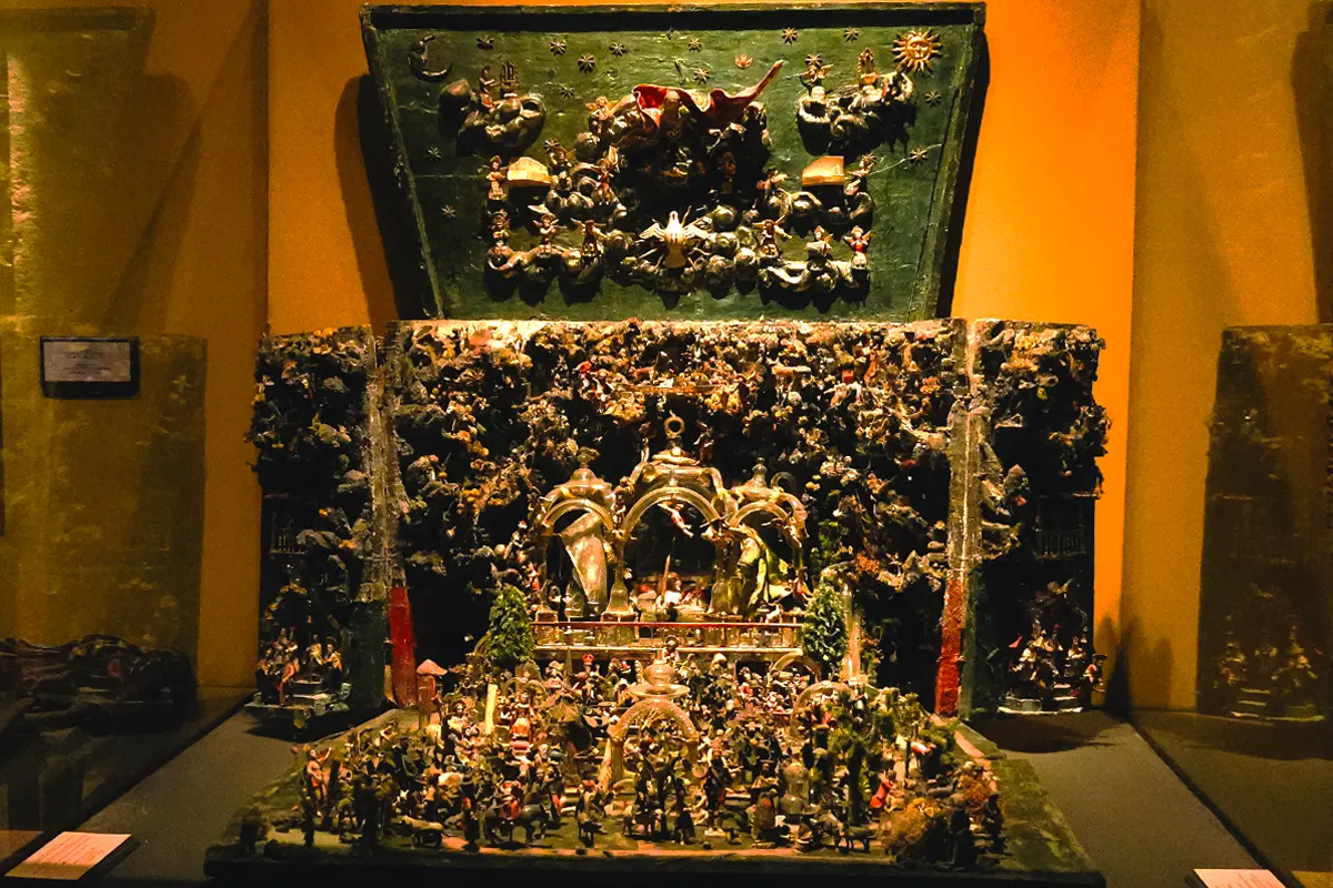 17th‑century folding chest depicting the Nativity of Jesus at the Convent of Santa Catalina in Cusco.