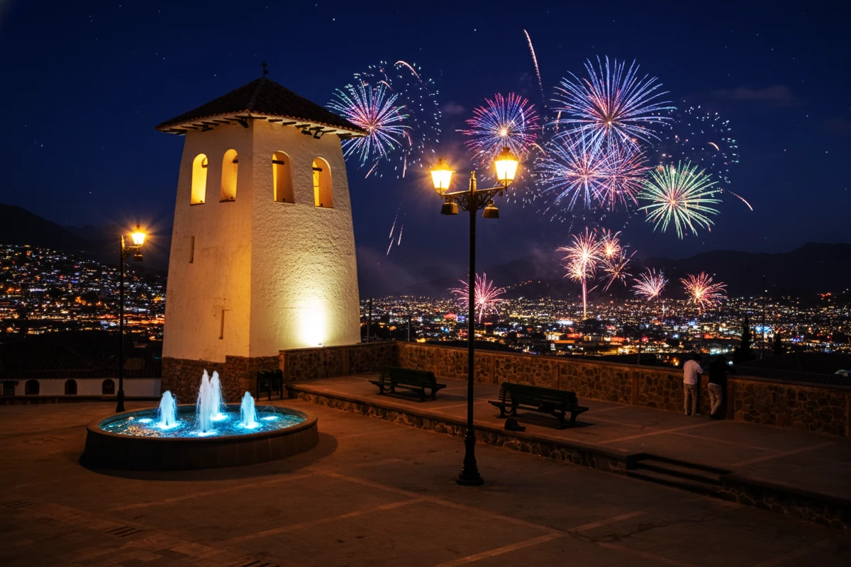 Colorful New Year fireworks lighting up the night sky, seen from Santa Ana viewpoint in Cusco.
