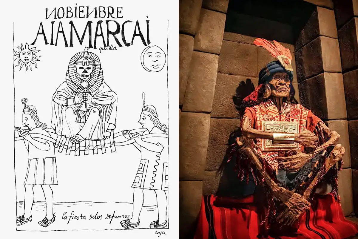 Left: Colonial-era illustration by Guaman Poma de Ayala showing Aya Marcay Quilla, the Inca month dedicated to honoring the dead (November). Right: Photograph of a mummified Inca body, preserved in a seated position.