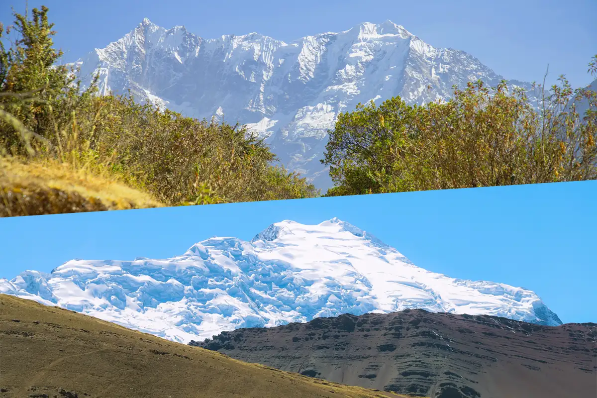 Salkantay vs Ausangate: A Visual Comparison of Two Iconic Andean Peaks Comparison photo of Salkantay and Ausangate mountains, highlighting their distinct shapes and landscapes.