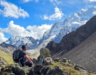 Panoramic view of a trekker on the Salkantay hike