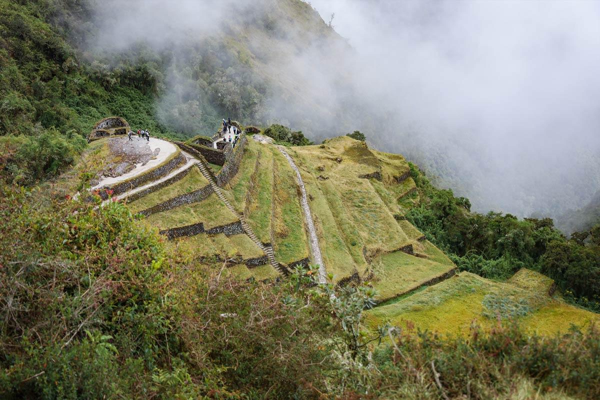 Panoramic view of a stone archaeological site with agricultural terraces surrounded by Andean forest and mist | TreXperience