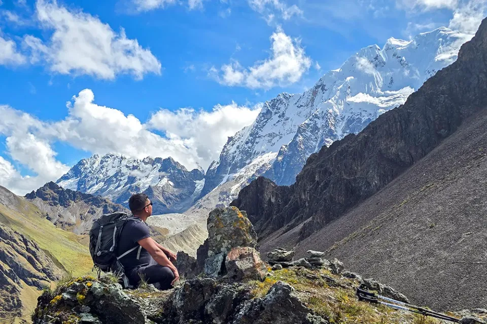 Panoramic view of a trekker on the Salkantay trail