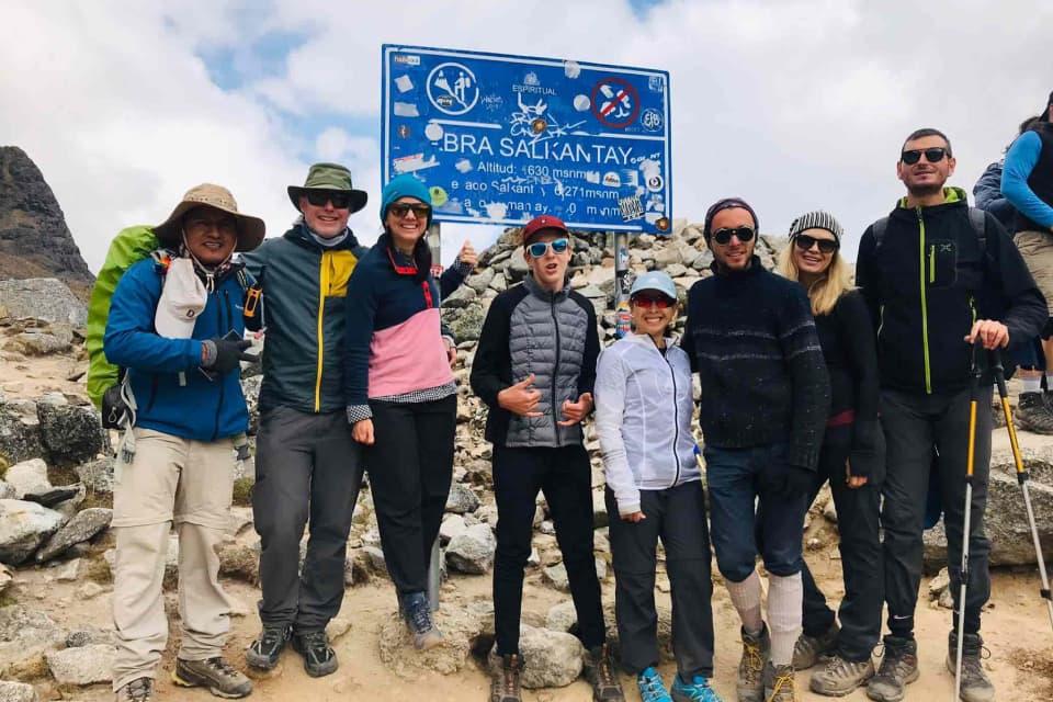 Hikers at the Salkantay Pass during 4-day trek to Machu Picchu