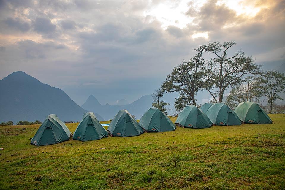 Row of green tents set up on a grassy field, with trees and mountains in the background under a cloudy sky, Choquequirao Machu Picchu 7 Days Trek | TreXperience