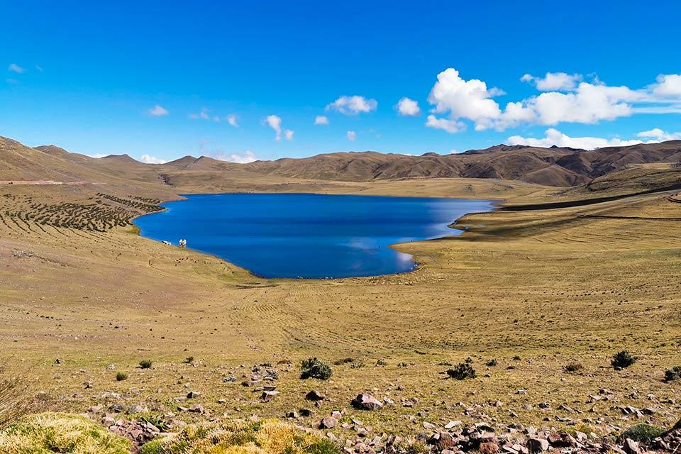 Vista amplia de la laguna Qoricocha de azul intenso entre laderas altas de ichu y cielo despejado, Huchuy Qosqo y Camino Inca Corto 4 días | TreXperience
