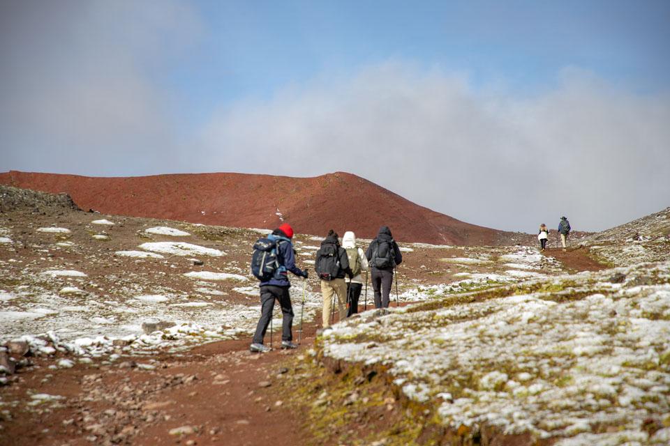 Sendero por la nieve y montañas rojas hacia la Montaña de 7 Colores | TreXperience