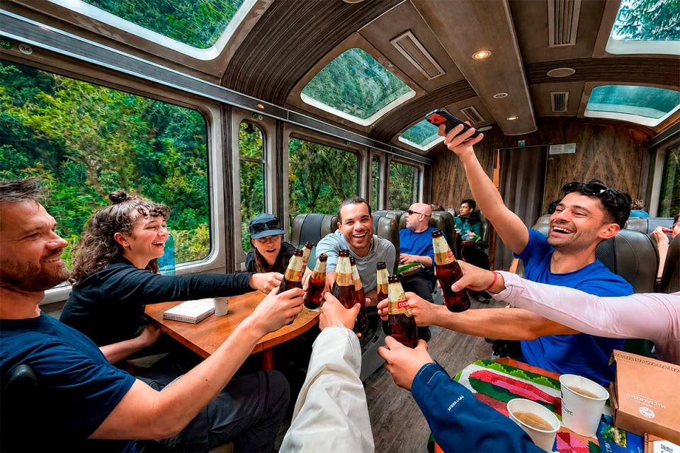 Grupo de viajeros brindando durante viaje en tren vistadome | TreXperience