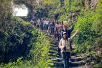 Grupo de senderistas posando en escalinatas de piedra cubiertas de musgo en el bosque nuboso (Camino Inca 4 días) | TreXperience