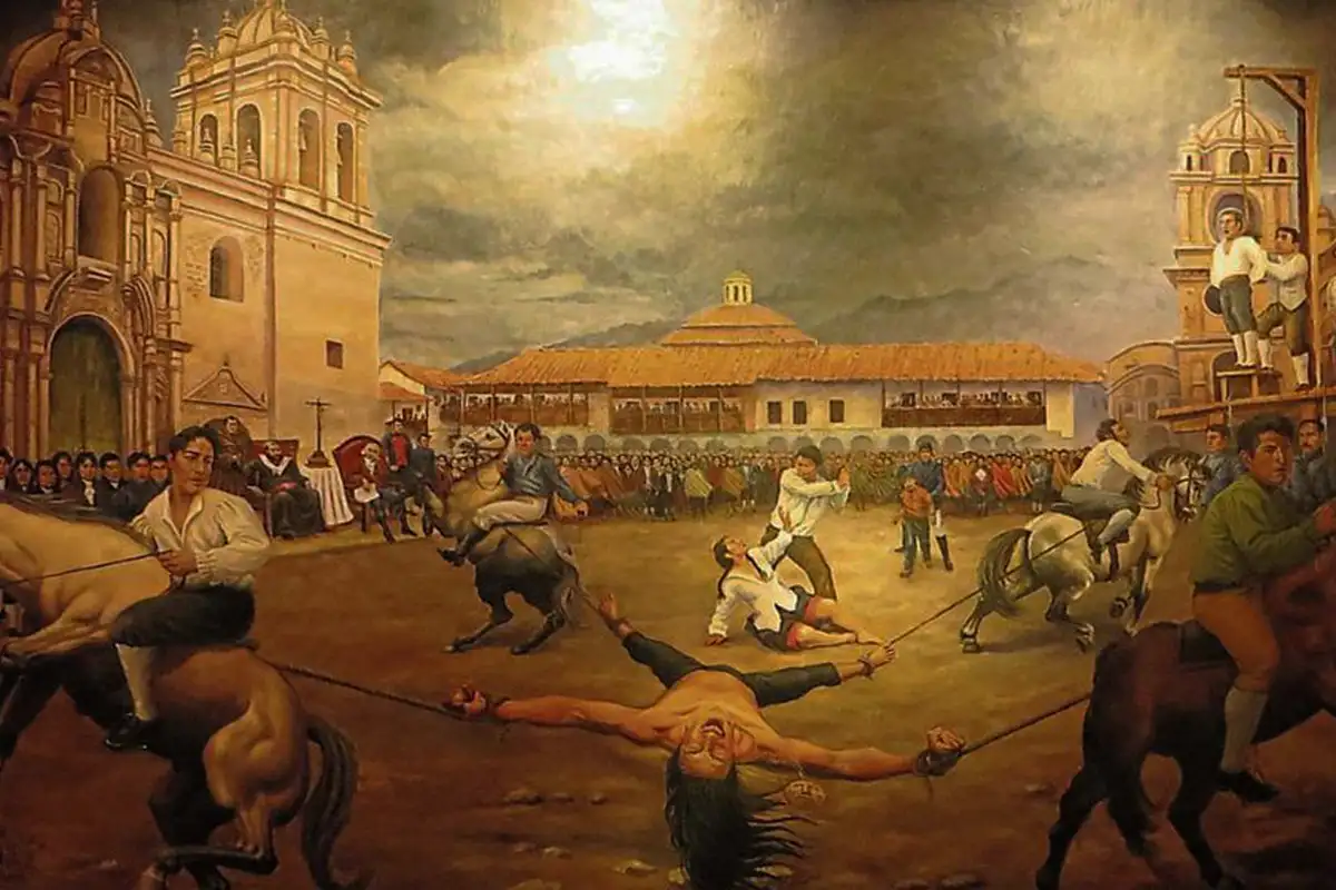 Failed execution of Túpac Amaru II in Cusco’s main square. Túpac Amaru II failed public execution by dismemberment in Cusco’s main square.