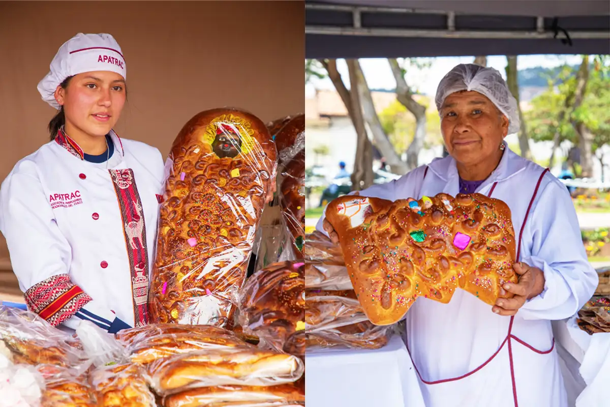 Photo of presentation traditional caballo (horse-shaped bread) and wawa (baby-shaped bread).